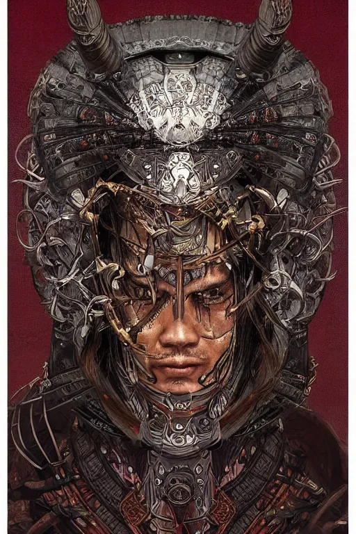 Image similar to digital face portrait painting of a male samurai warrior magus by yoshitaka amano, victo ngai, terese nielsen, samurai armour by h. r. giger, in the style of dark - fantasy, intricate detail, skull motifs, red, bronze, artgerm