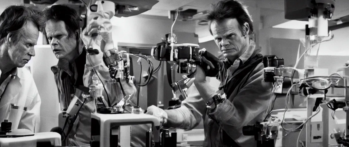 Prompt: filmic extreme close up shot movie still 4 k uhd interior 3 5 mm film color photograph of two scientists lance henriksen and bill paxton arguing and yelling in a lab in antartica