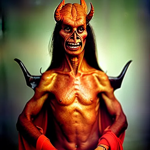 Image similar to uhd photorealisitc candid photo of satan. correct costume. correct face, accurate face. photo by annie leibowitz and steve mccurry