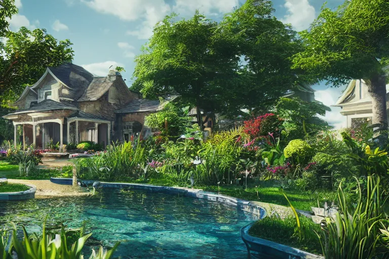 Image similar to serene garden with pool and a house in the background, hyper realistic, ambient lighting, concept art, intricate, hyper detailed, smooth, dynamic volumetric lighting, octane, raytrace, cinematic, high quality, high resolution, 4 k, cgsociety, rutkowski, gurney