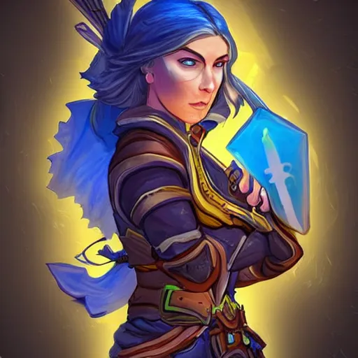 Image similar to beautiful female archer, yellow lighting, emma waston face, in hearthstone art style, epic fantasy style art, fantasy epic digital art, epic fantasy card game art