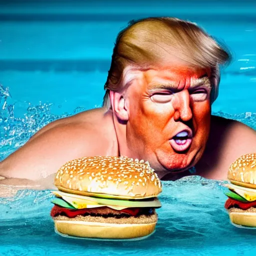 Image similar to Donald trump swimming in a pool filled with McDonalds hamburgers, award winning photograph, 4k, 400mm