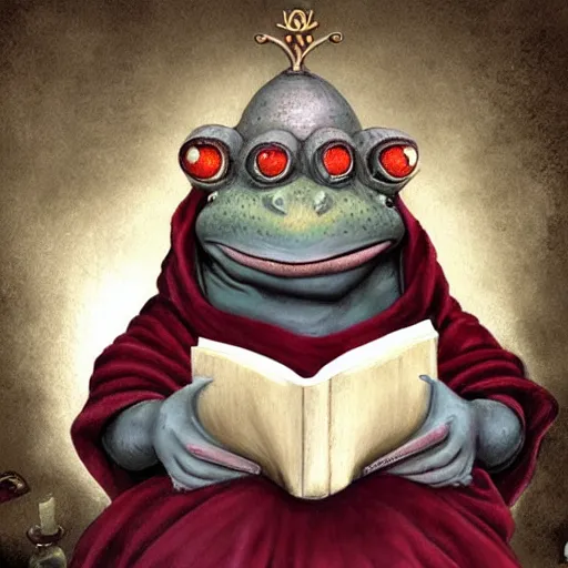 Image similar to a frog monk cleric reading his book, fantasy concept art by nicoletta ceccoli, mark ryden, lostfish, max fleischer