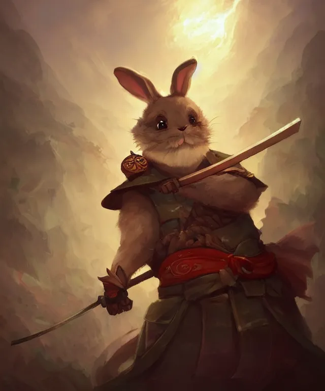 Image similar to a portrait an anthropomorphic rabbit samurai eating dim sum, landscape in background, cute and adorable, dnd character art portrait, well rendered matte fantasy painting, deviantart artstation, by jason felix by steve argyle by tyler jacobson by peter mohrbacher, cinematic lighting