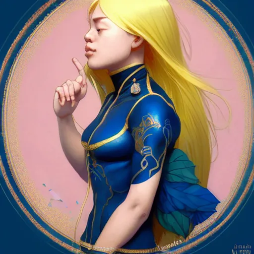 Image similar to filipino girl blue - yellow hair nasal strip, intricate, elegant, highly detailed, my rendition, digital painting, artstation, concept art, smooth, sharp focus, illustration, art by artgerm and greg rutkowski and alphonse mucha and uang guangjian and gil elvgren and sachin teng, symmetry!!