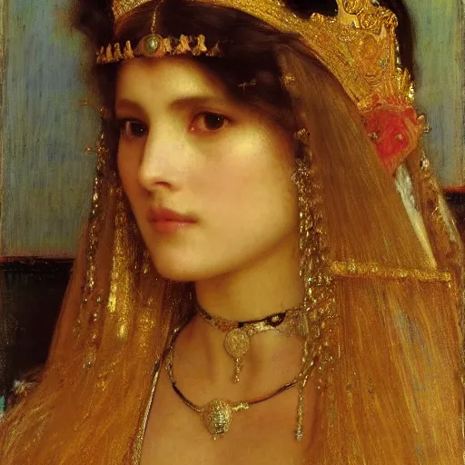 Prompt: orientalist portrait of a haughty princess wearing a golden tiara intricate portrait by john william waterhouse Edwin Longsden Long and Theodore Ralli and Henryk Siemiradzki, very coherent symmetrical artwork. Cinematic, hyper realism, high detail 8k