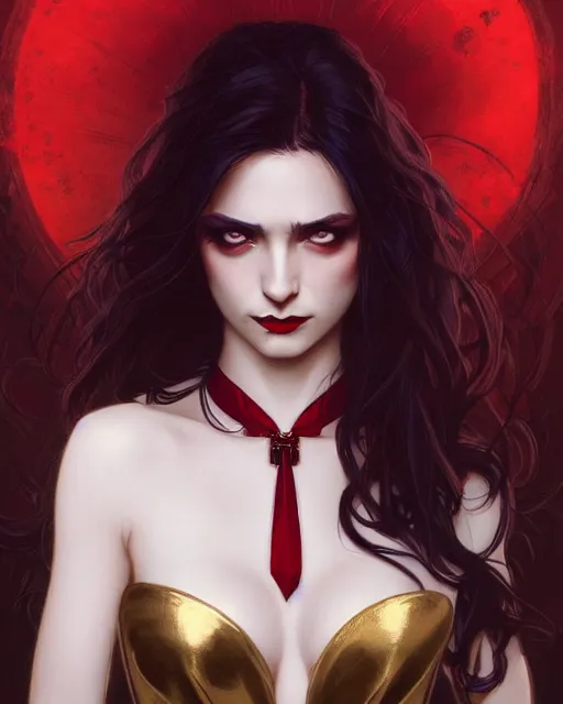 Image similar to female vampire, perfect face, gold waistcoat, red necktie, cinematic, stunning, highly detailed, digital painting, artstation, smooth, hard focus, illustration, art by artgerm and greg rutkowski and alphonse mucha