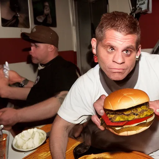 Prompt: high resolution photograph of John Joseph, the singer of the Cromags eating a cheeseburger