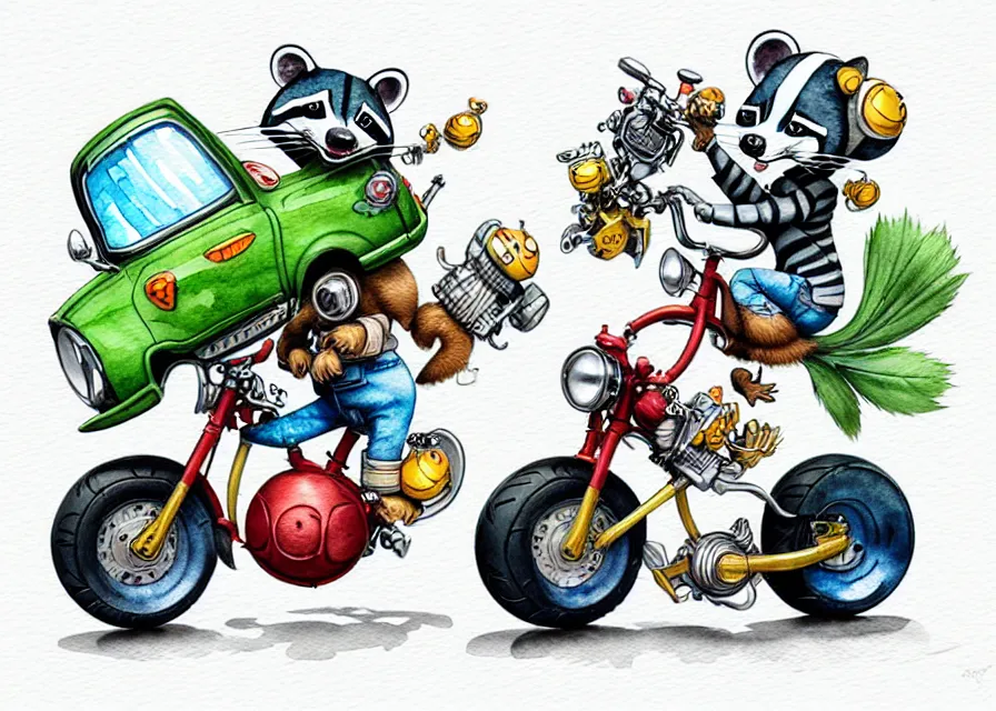 Image similar to cute and funny, racoon riding in a tiny sport motorcycle with oversized engine, ratfink style by ed roth, centered award winning watercolor pen illustration, isometric illustration by chihiro iwasaki, edited by range murata, tiny details by artgerm and watercolor girl, symmetrically isometrically centered