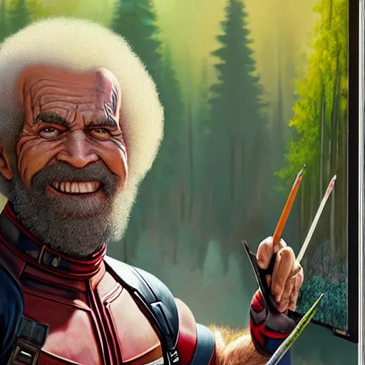 Image similar to a closeup photorealistic photograph of bob ross working on a canvas painting of deadpool. film still. brightly lit scene. mountains and trees. this 4 k hd image is trending on artstation, featured on behance, well - rendered, extra crisp, features intricate detail, epic composition and the style of unreal engine.