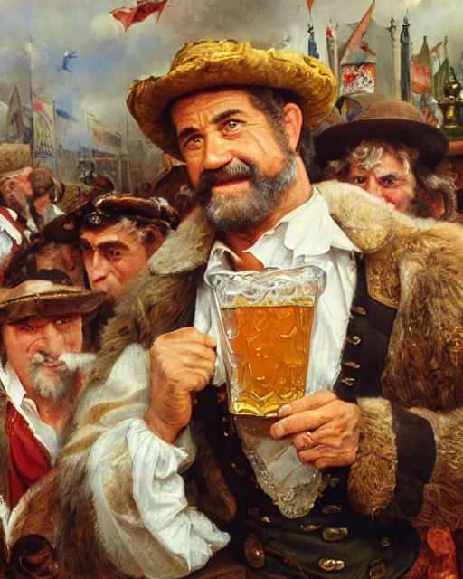 Image similar to a painting of mel gibson holding a mug of beer at the oktoberfest, a detailed painting by konstantin makovsky and by jan matejko and by nikolay makovsky, shutterstock contest winner, german romanticism, detailed painting, oil on canvas, wimmelbilder