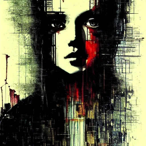 Prompt: portrait of a hooded beautiful women, mysterious, glitch effects over the eyes, shadows, by Guy Denning, by Johannes Itten, by Russ Mills, centered, glitch art, innocent, hacking effects, chromatic, cyberpunk, color blocking, oil on canvas, concept art, abstract