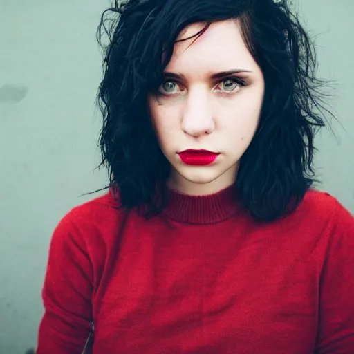 Prompt: a photo of a young woman with short wavy black hair. moody and melanchonic. with a little bit of red and yellow