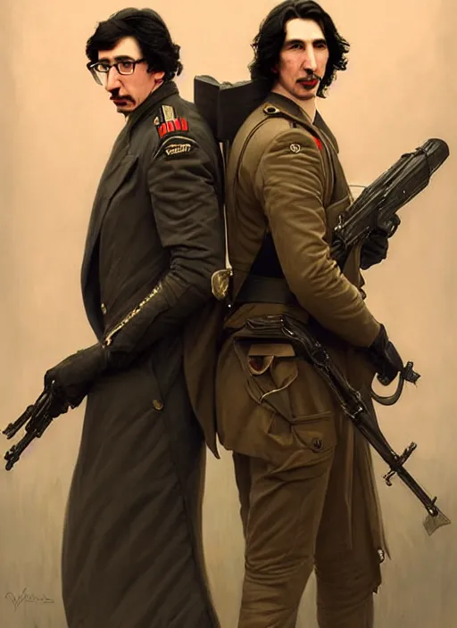 Image similar to painting of both john oliver and adam driver together, john oliver in front, full body, military uniform, fantasy, elegant, beautiful, highly detailed, centered, dark, smokey, digital painting, concept art, smooth, sharp focus, illustration, deviant art, art by artgerm, art by greg rutkowski, art by alphonse mucha