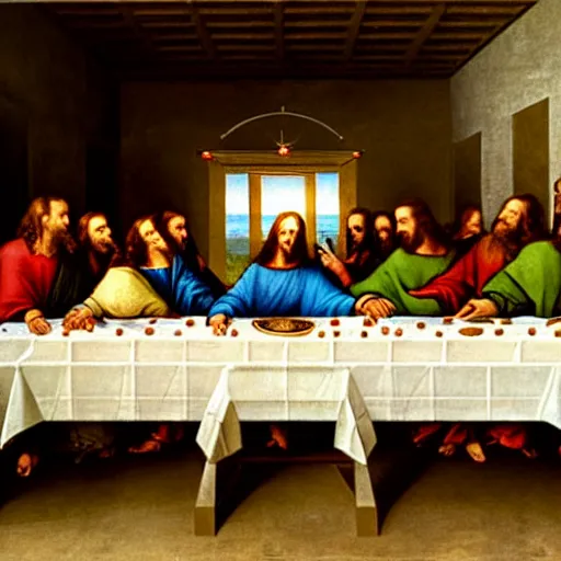 Image similar to painting of cate blanchett as Jesus in the last supper by Leonardo davinci