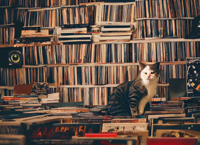 Image similar to photography of a Cat sitting on a pile of books and vinyls. a record player is in the shot. in a room full of vinyls and posters out of the 70's, photorealistic, raining award winning photo, 100mm, sharp, high res