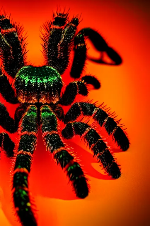 Image similar to high quality close-up photo rococo holographic tarantula! jewelled gorgeous! highly detailed david ligare elson peter cinematic orange neon lighting high quality low angle hd 8k sharp shallow depth of field