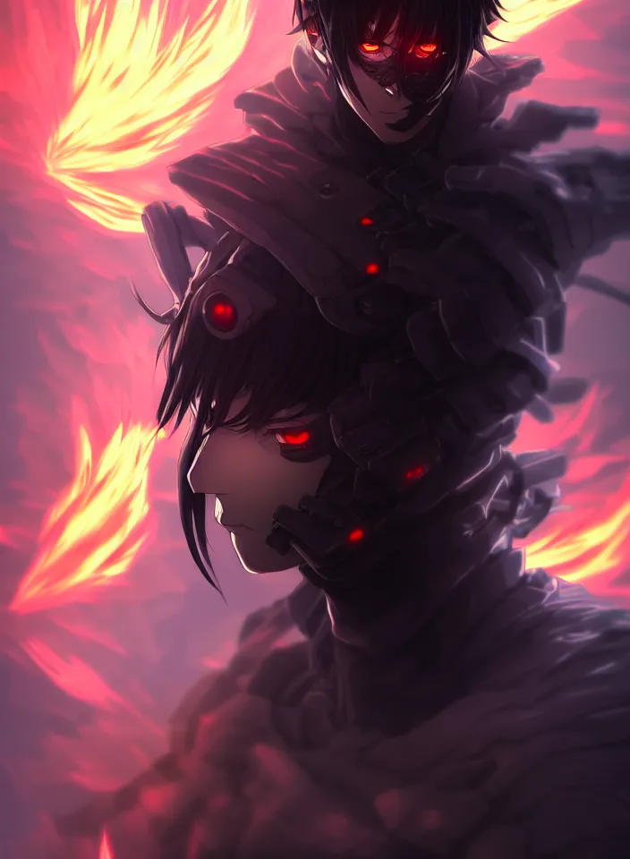 Image similar to a detailed manga illustration character full body portrait of a dark haired cyborg anime man shrouded in clouds of dark smoke and fire, trending on artstation, digital art, 4 k resolution, detailed, high quality, sharp focus, hq artwork, insane detail, concept art, character concept, character illustration, full body illustration, cinematic, dramatic lighting