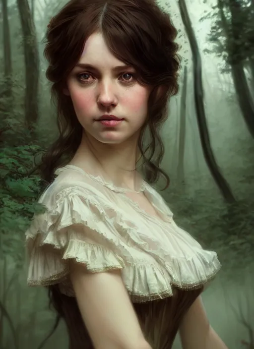 Prompt: a beautiful brown - haired young woman with an old dress of the 1 9 th century in horror forest, intricate, elegant, highly detailed, digital painting, artstation, concept art, smooth, sharp focus, illustration, ethereal, misty, by ilya kuvshinov and jeremy mann, 8 k, octane render