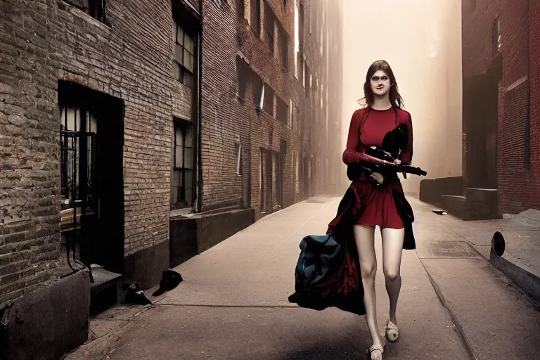 Image similar to alexandra daddario in a smoky new york back street, photograph, natural light, sharp, detailed face, magazine, press, photo, Steve McCurry, David Lazar, Canon, Nikon, focus