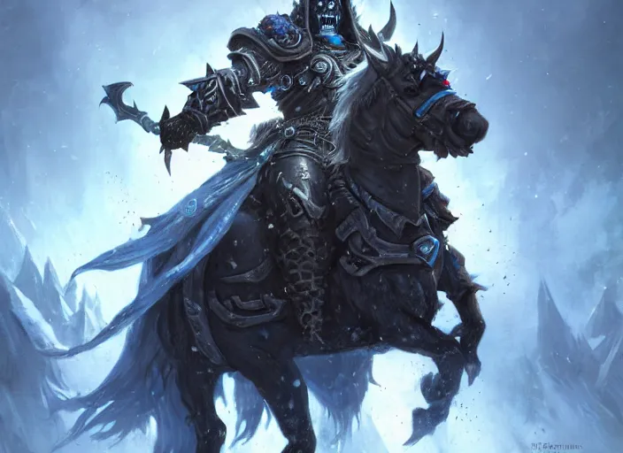 Image similar to lich king from world of warcraft, on a horse by greg rutkowski, detailed face, full body