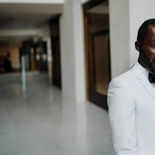 Image similar to closeup of a well groomed African man wearing a white tuxedo, standing in a hotel lobby; bokeh cinematic portrait, realistic photo, 32mm lens