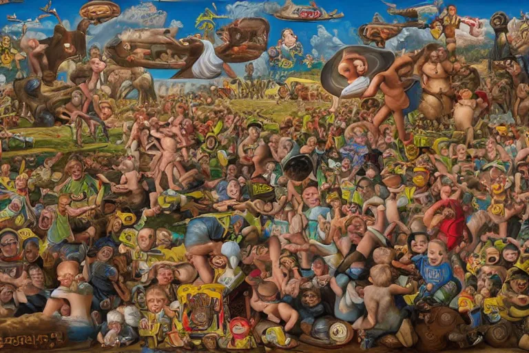 Image similar to a sparsely populated strange battle in an old hospital between old people and babies Robert Williams Mark Ryden and Alex Gross, Todd Schorr highly detailed deep perspective perfect composition