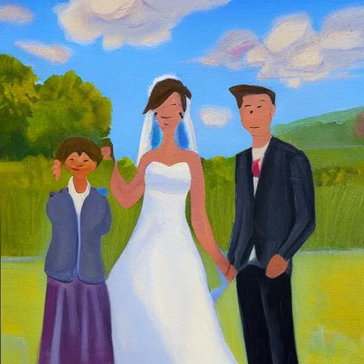 Image similar to a painting of a couple that has just been married, with their little dog beside them on a beautiful sunny day