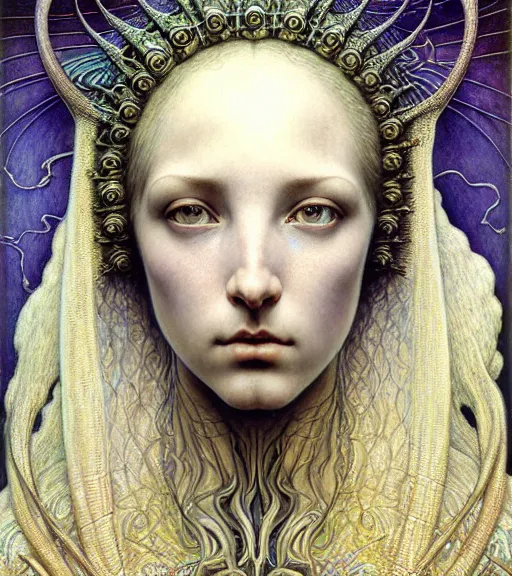 Image similar to detailed realistic beautiful young medieval alien queen face portrait by jean delville, gustave dore and marco mazzoni, art nouveau, symbolist, visionary, gothic, pre - raphaelite, iridescent fractal details. horizontal symmetry by zdzisław beksinski, iris van herpen, raymond swanland and alphonse mucha. highly detailed, hyper - real, beautiful