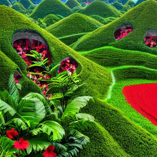 Prompt: an elaborate hibiscus garden in the middle of the Chocolate Hills, Bohol, detailed photograph, 4k