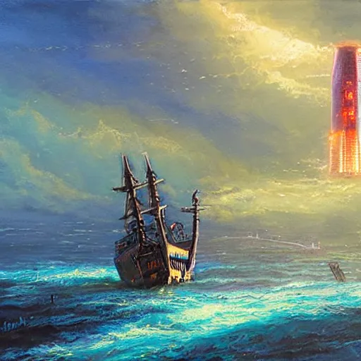 Image similar to a ship off the shore of a beautiful coast with a distant ominous biopunk tower filled with evil technology glowing in the distance, painting by John Berkley