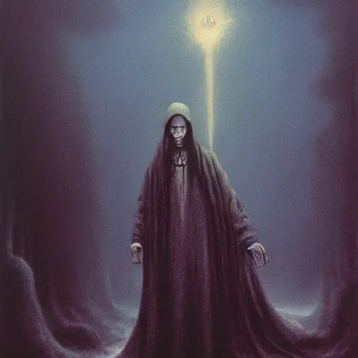 Prompt: Harry Potter in style of Beksinski, eldritch priest, mage