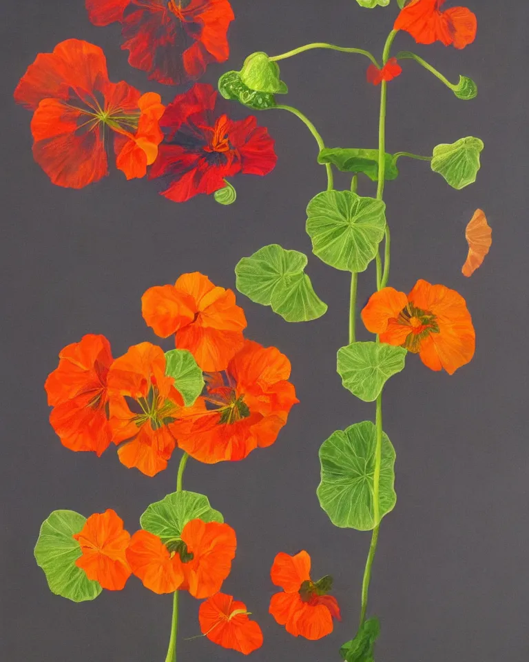 Image similar to hyperrealist still life artwork of nasturtium and colourful smoke from dark flames.