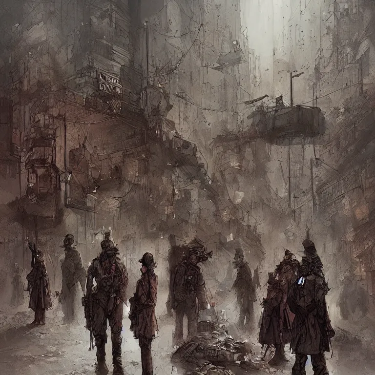 Prompt: the souls of dead soldiers waiting in a lone bus stop in quiet dark city, by marc simonetti