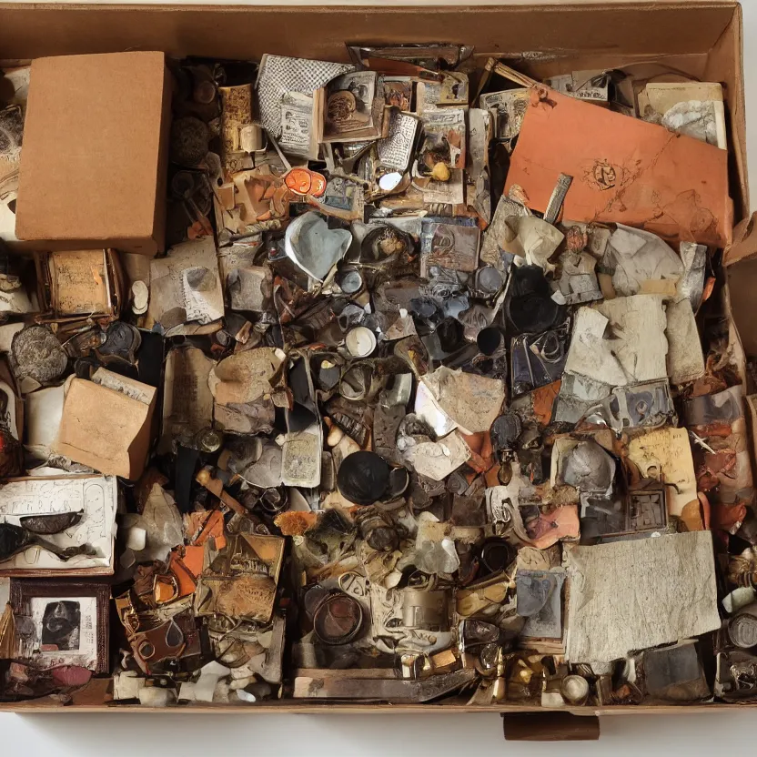 Prompt: a box of rare and valuable objects, various sizes, indoors, photograph