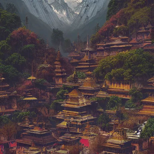 Image similar to a beautiful and highly detailed digital art of nepal in science fiction movie, detailed high buildings and rockets, forgotten valley, nepali architecture buildings, swirling mist, lush forests, intricate details, epic scale, insanely complex, 8 k, sharp focus, hyper realism, fantasy landscape, psychedelic, by caspar friedrich,