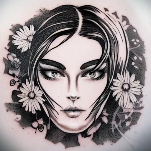 Prompt: tattoo design, stencil, portrait of a girl by artgerm, symmetrical face, beautiful, daisy flower
