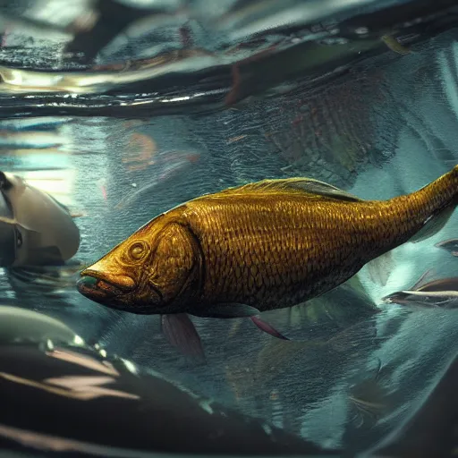 Image similar to hyperrealism, a world made of fish, intricate, highly detailed, artstation trending, ray tracing, cinematic, concept art, 4k, environment concept, cinematic