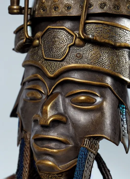 Image similar to tai warlord closeup portrait, historical ethnic group, traditional tai costume, bronze headset, leather armor, fantasy, intricate with dong son bronze artifacts