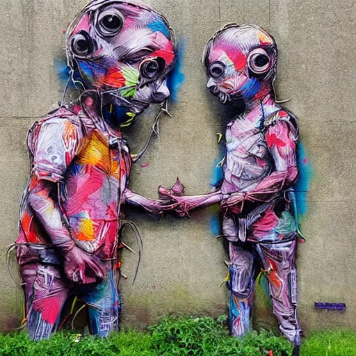 Prompt: a street art of thread connecting brother and sister by bordalo