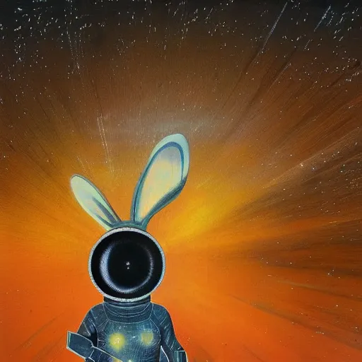 Image similar to A rabbit full of hope, looking for a black hole in an infinite time loop by Vincent Di Fate