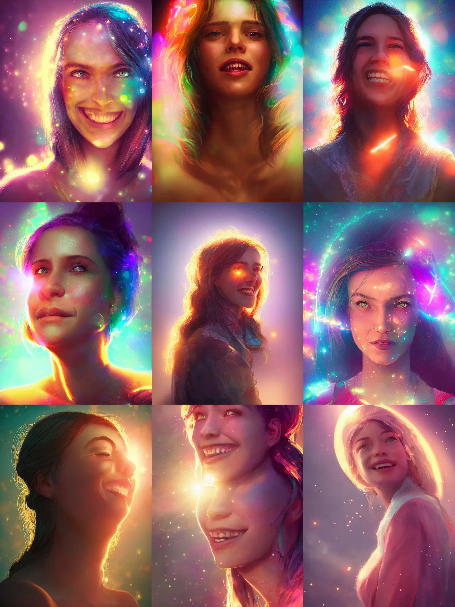 Prompt: portrait of a joyful woman, lens flare, atmosphere, glow, detailed, intricate, full of colour, cinematic lighting, trending on artstation, hyperrealistic, focused, extreme details, cinematic, masterpiece