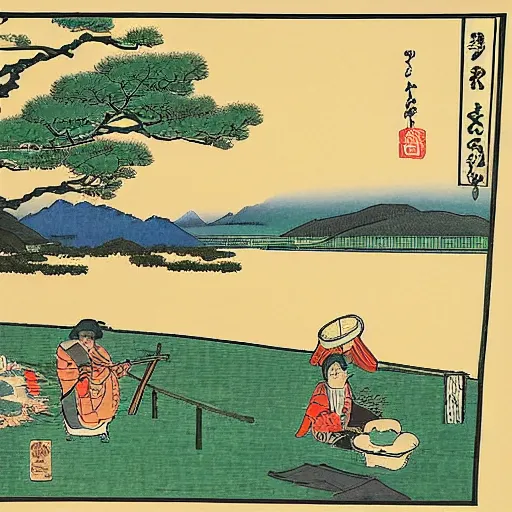 Image similar to a farm next to a lake in the style of ukiyo - e