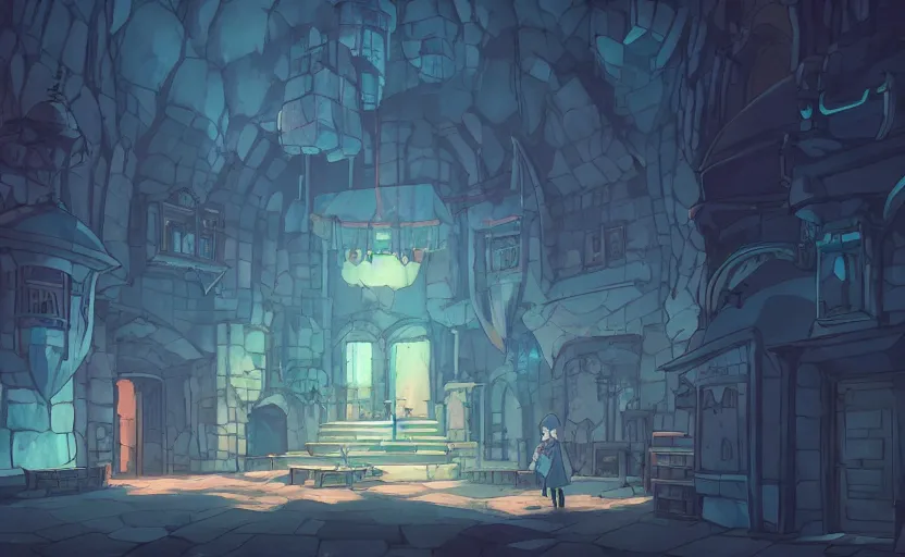 Image similar to a dungeon, crystal lights, mysterious atmosphere, cel - shading, cinematic, artstation, studio ghibli, miyazaki, highly details