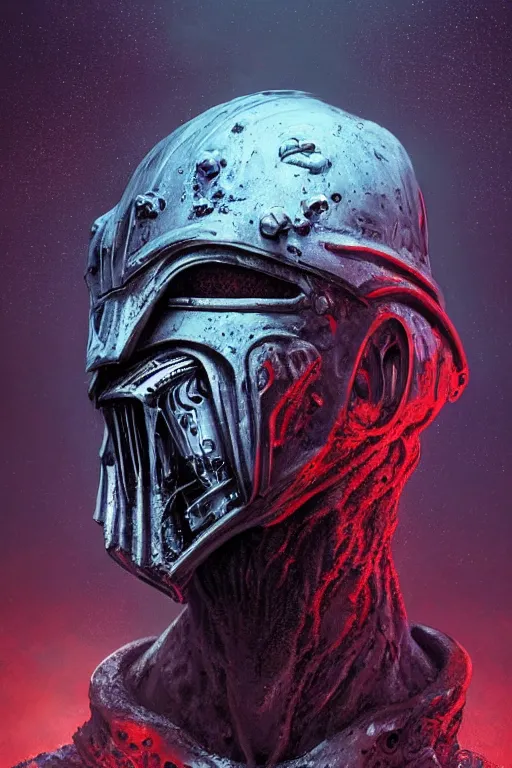 Image similar to a lovecraft space zombie fused with predator and vader wearing a damaged helmet, photo, portrait, 3d, high details, intricate details, by vincent di fate, artgerm julie bell beeple, 80s, concept art, Smooth gradients, octane render, 8k, High contrast, duo tone, depth of field, very coherent symmetrical artwork