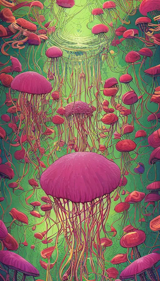 Image similar to The floral lands of the jellyfish, italian futurism, Dan Mumford, da vinci, Josan Gonzalez