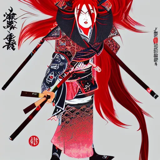 Prompt: an insane kabuki warrior wielding a spear while emitting a visible aura of madness, intricate hakama, red wig, crossed eyes, hazy atmosphere, high energy, trending on artstation, detailed concept art,