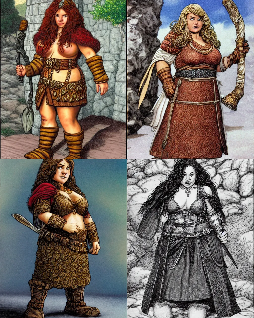 Prompt: female dwarven noblewoman, chubby short stature, elaborate hair, by larry elmore