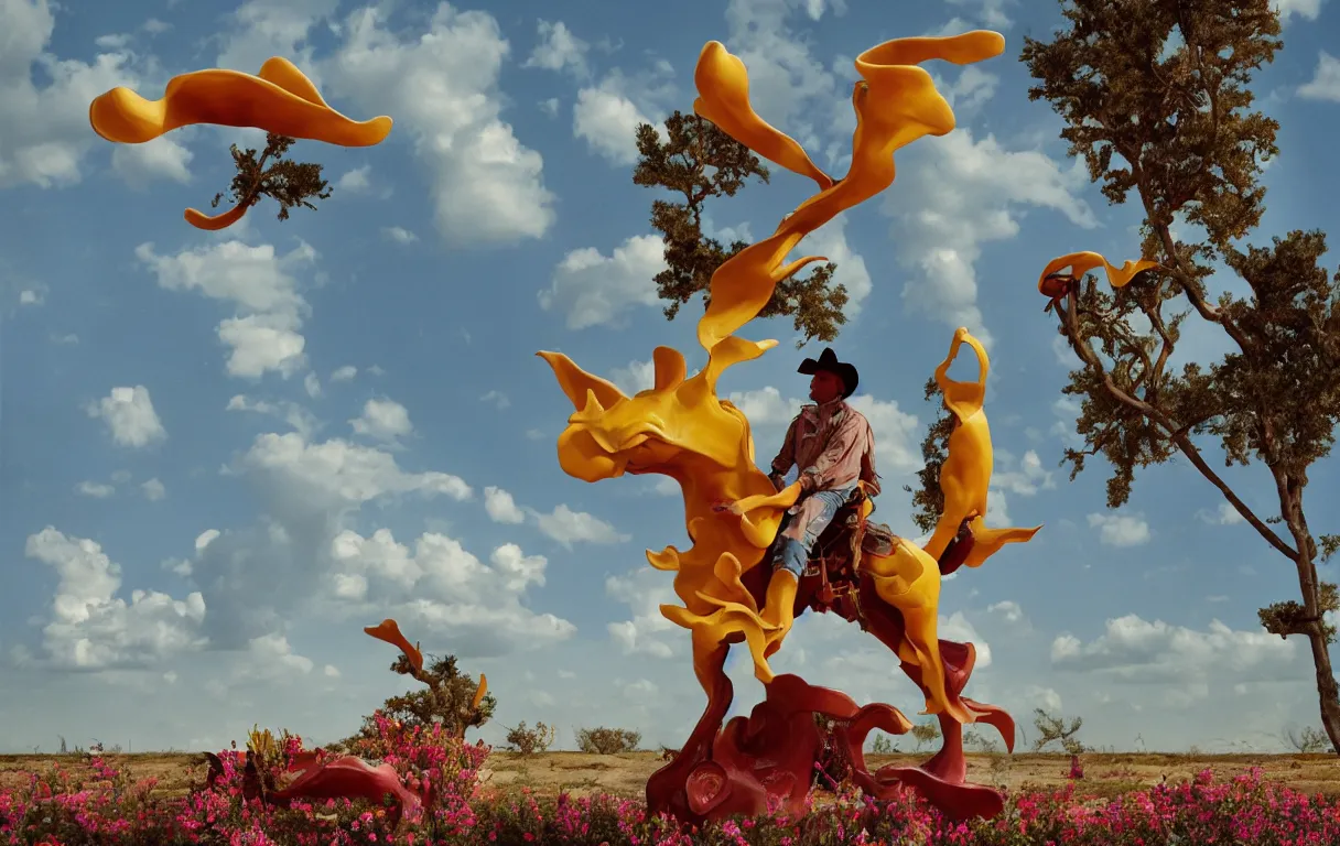Image similar to a cowboy turning into blooms by slim aarons, by zhang kechun, by lynda benglis. tropical sea slugs, angular sharp tractor tires. complementary bold colors. photo of a manly cowboy. warm soft volumetric dramatic light. national geographic. 8 k, rendered in octane, smooth gradients. angular sculpture by antonio canova by gian lorenzo bernini.