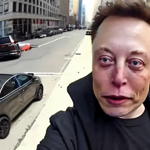 Image similar to bodycam footage of a homeless elon musk going crazy and scamming people, new york streets, wide angle, fisheye, uhd, 4 8 0 p, bodycam, paparazzi, bad quality, pov